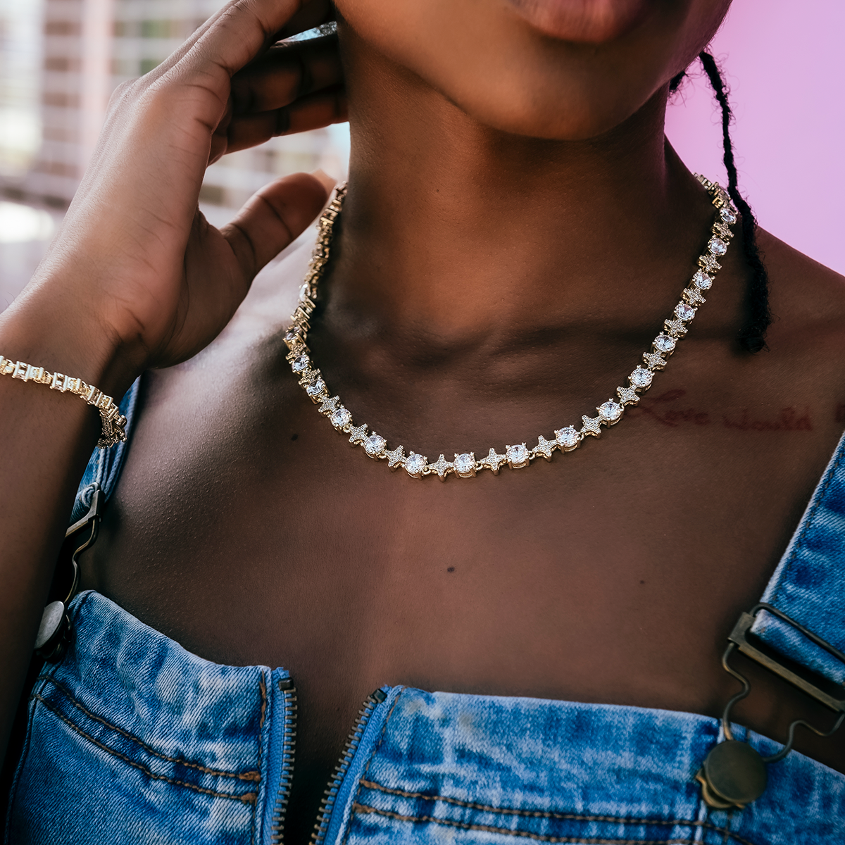 Collier 8Shine — Chaîne Tennis Étoilée à Pierres Rondes en Or Jaune