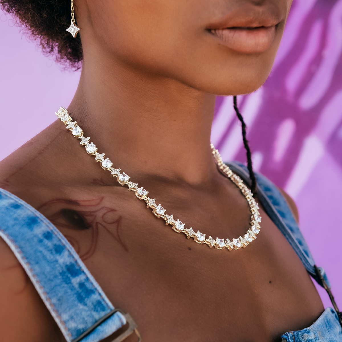 Collier 8Shine — Chaîne Tennis Étoilée à Pierres Rondes en Or Jaune