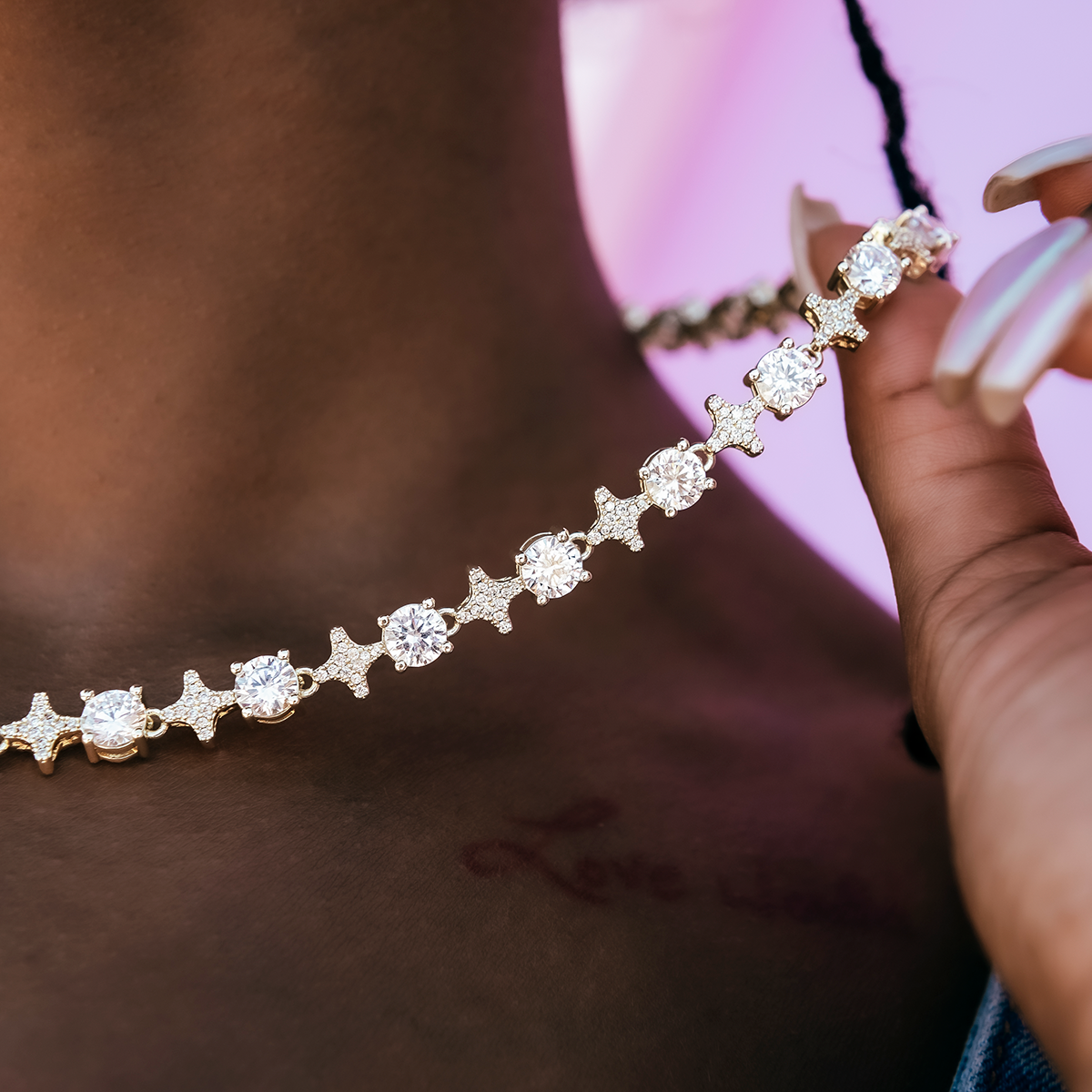 Collier 8Shine — Chaîne Tennis Étoilée à Pierres Rondes en Or Jaune