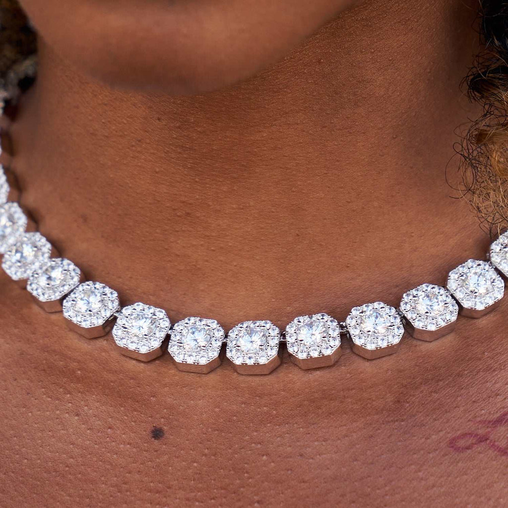 Collier 8Shine — Chaîne Cluster Tennis en Or Blanc 12mm