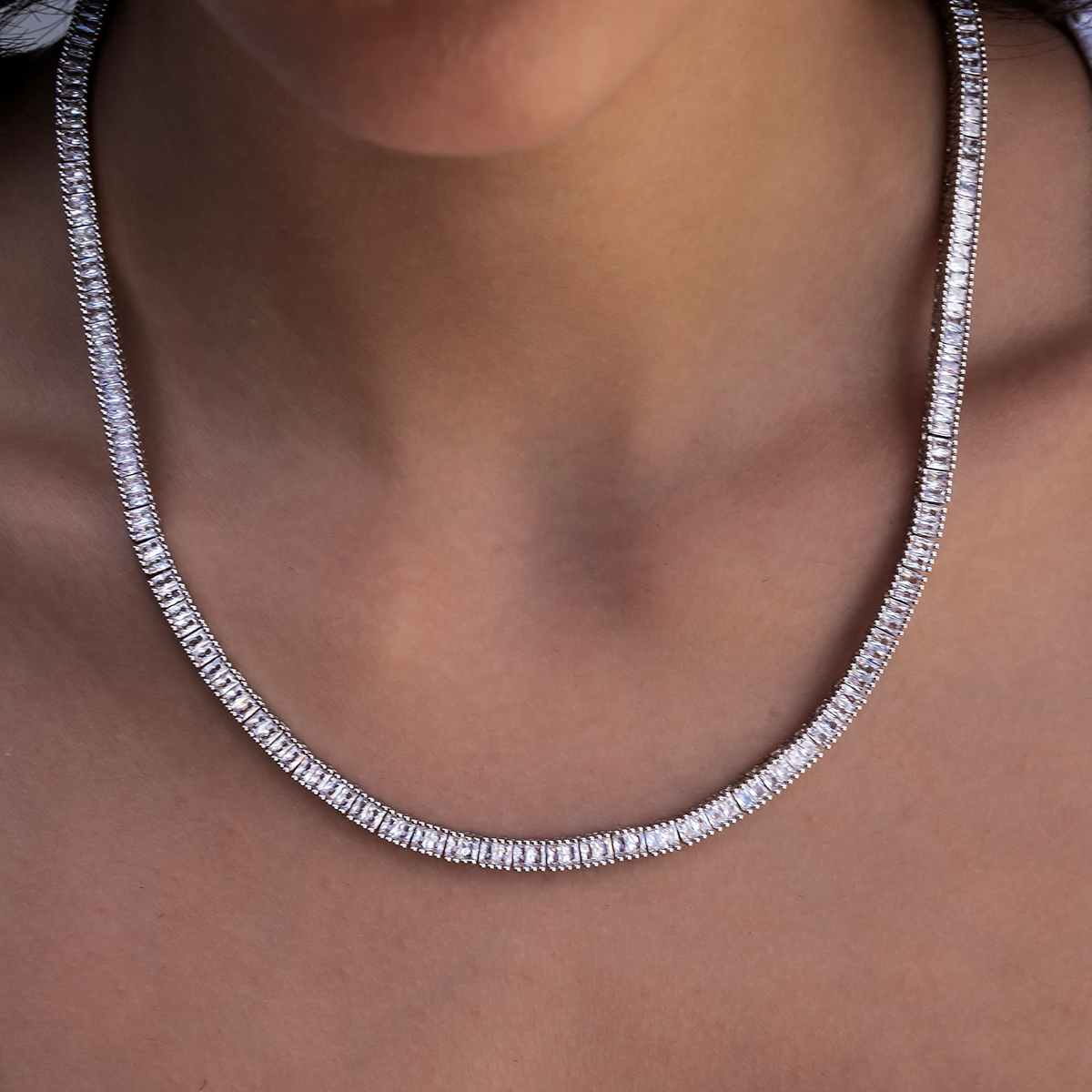 Collier 8Shine — Chaîne Tennis à Diamants Baguette en Or Blanc 3mm