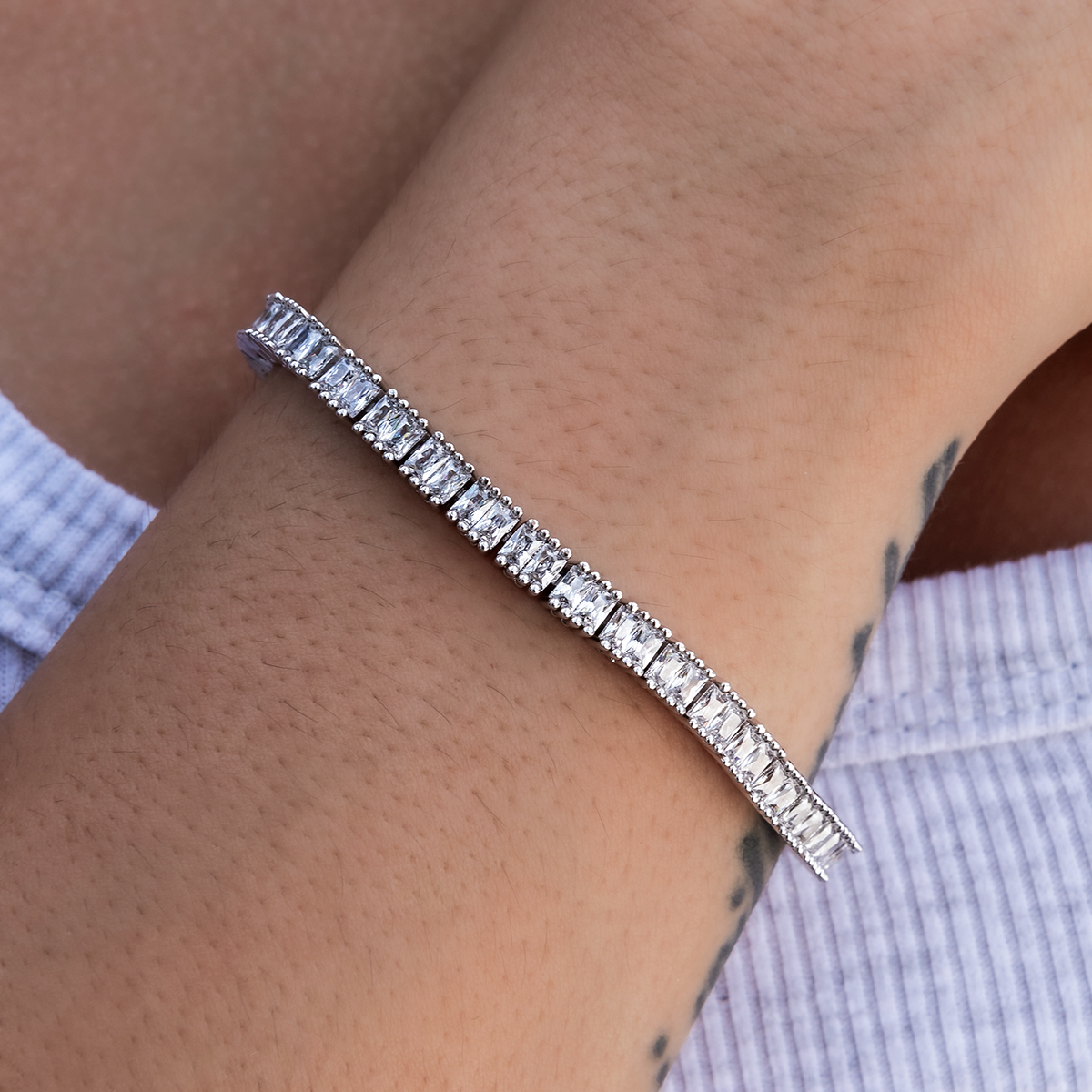 Bracelet 8Shine — Tennis Baguette à Diamants en Or Blanc 3mm