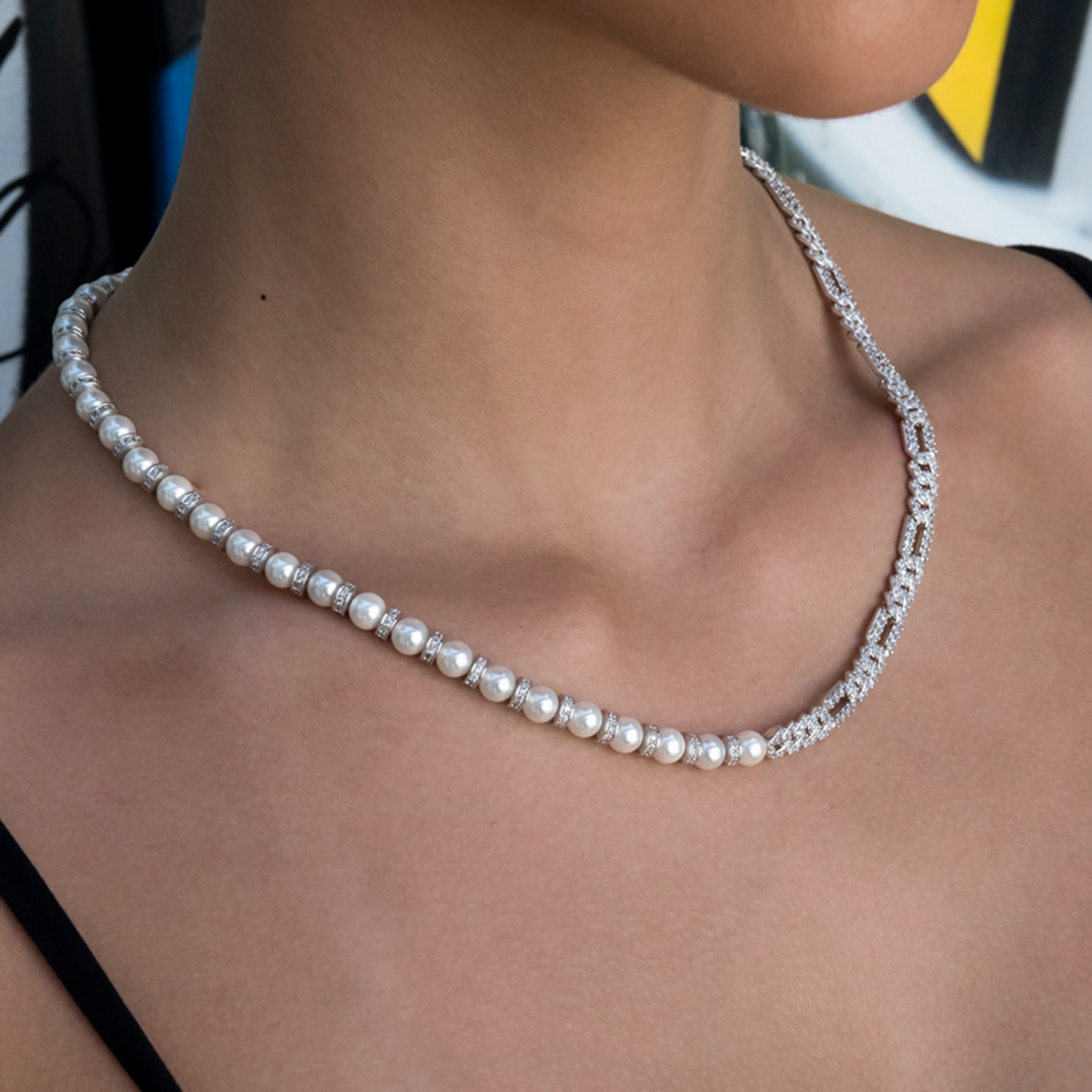 Collier 8Shine — Chaîne Figaro à Diamants & Perles