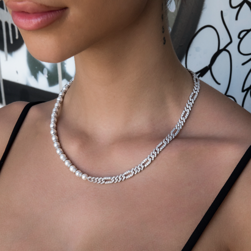 Collier 8Shine — Chaîne Figaro à Diamants & Perles