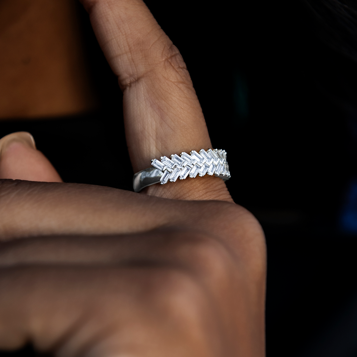 Bague 8Shine — Diamond Baguette Herringbone en Or Blanc Vermeil