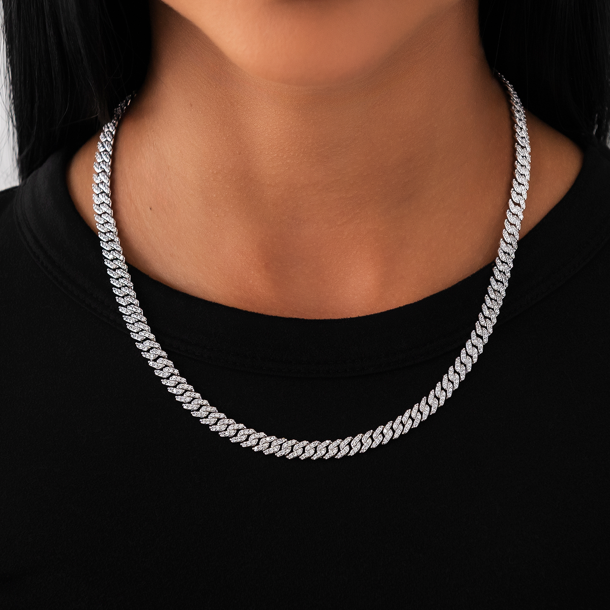 Collier 8Shine — Chaîne Micro Cuban à Griffes Serties de Diamants en Or Blanc 6mm