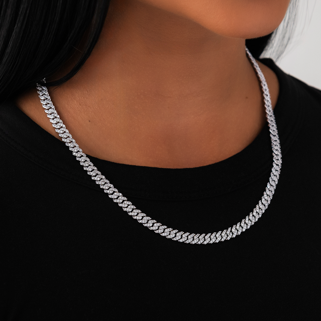 Collier 8Shine — Chaîne Micro Cuban à Griffes Serties de Diamants en Or Blanc 6mm