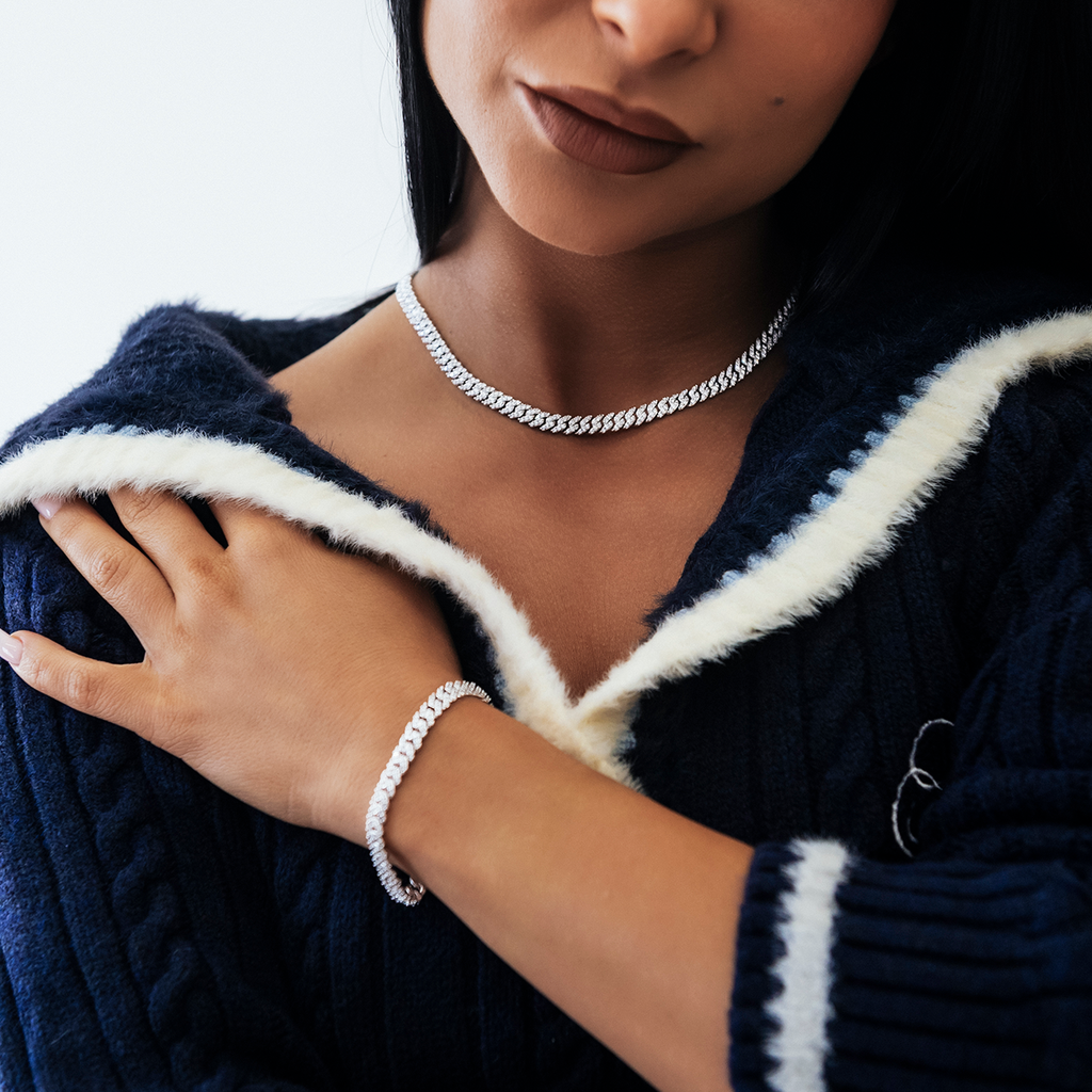 Collier 8Shine — Chaîne Micro Cuban à Griffes Serties de Diamants en Or Blanc 6mm