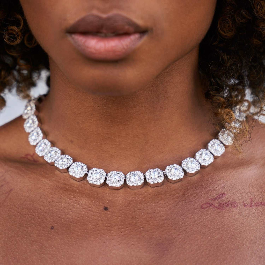 Collier 8Shine — Chaîne Cluster Tennis en Or Blanc 12mm